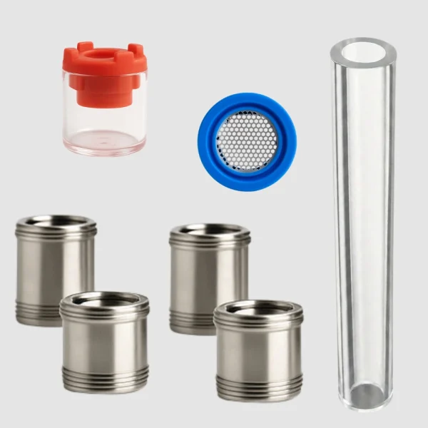 4 capsulas de aço+adaptador para concentrados+tubo de vidro de 10cm+borracha da piteira com tela